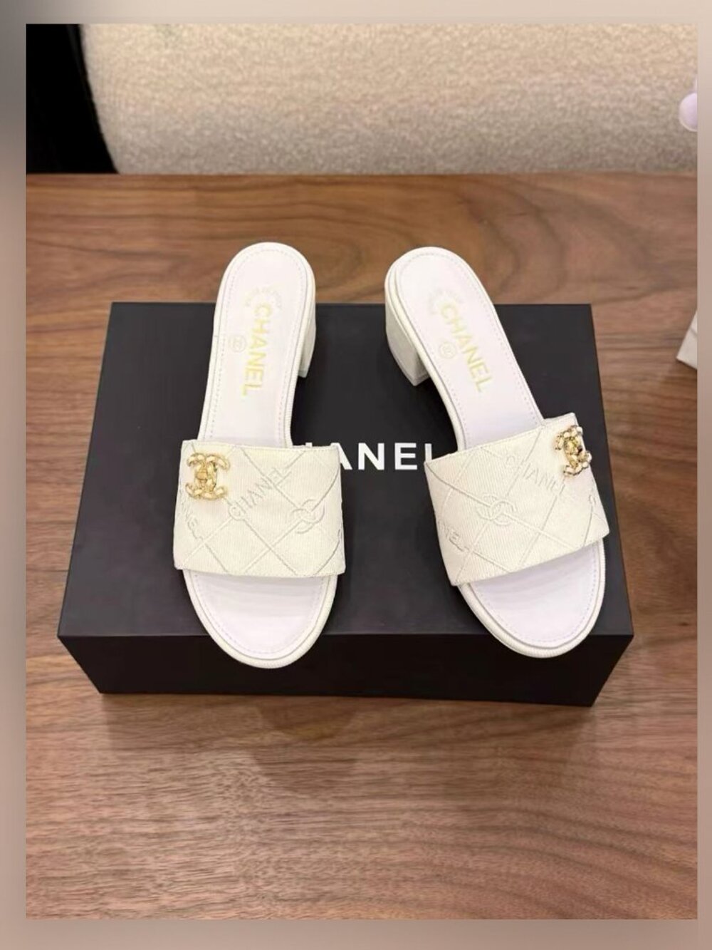 CHANEL White Quilted Canvas Block Heel Mule Sandals